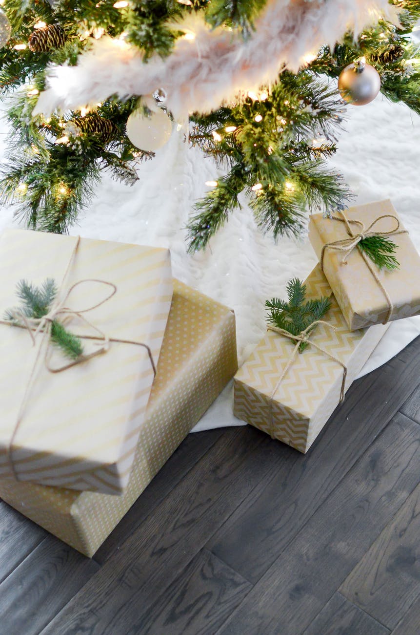 four boxes near lighted string lights